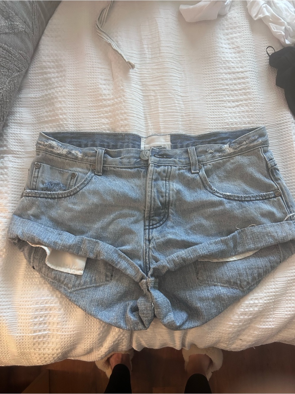 One Teaspoon Light Blue Rolled-Hem Denim Shorts
